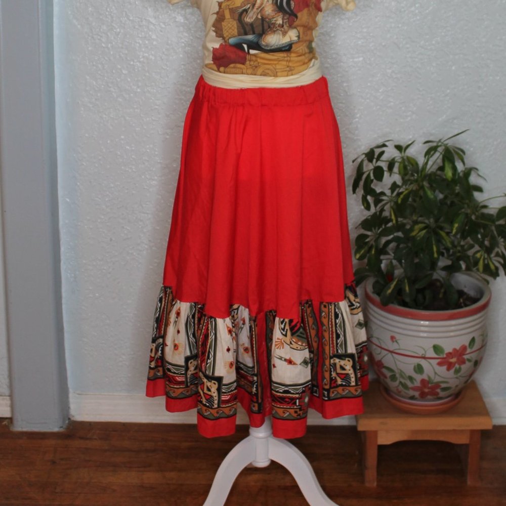 Red Midi Flowy Full Bandanna Ruffle Skirt